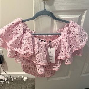 AKIRA Pink Ruffle Eyelet Blouse